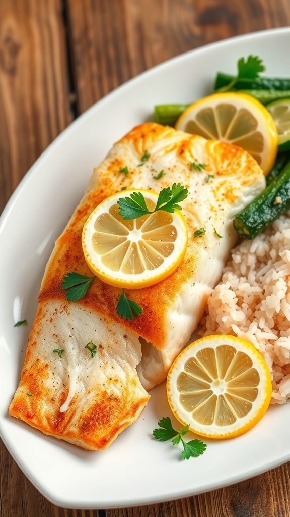 Baked tilapia fillet garnished with parsley and lemon, served with vegetables and rice on a white plate.